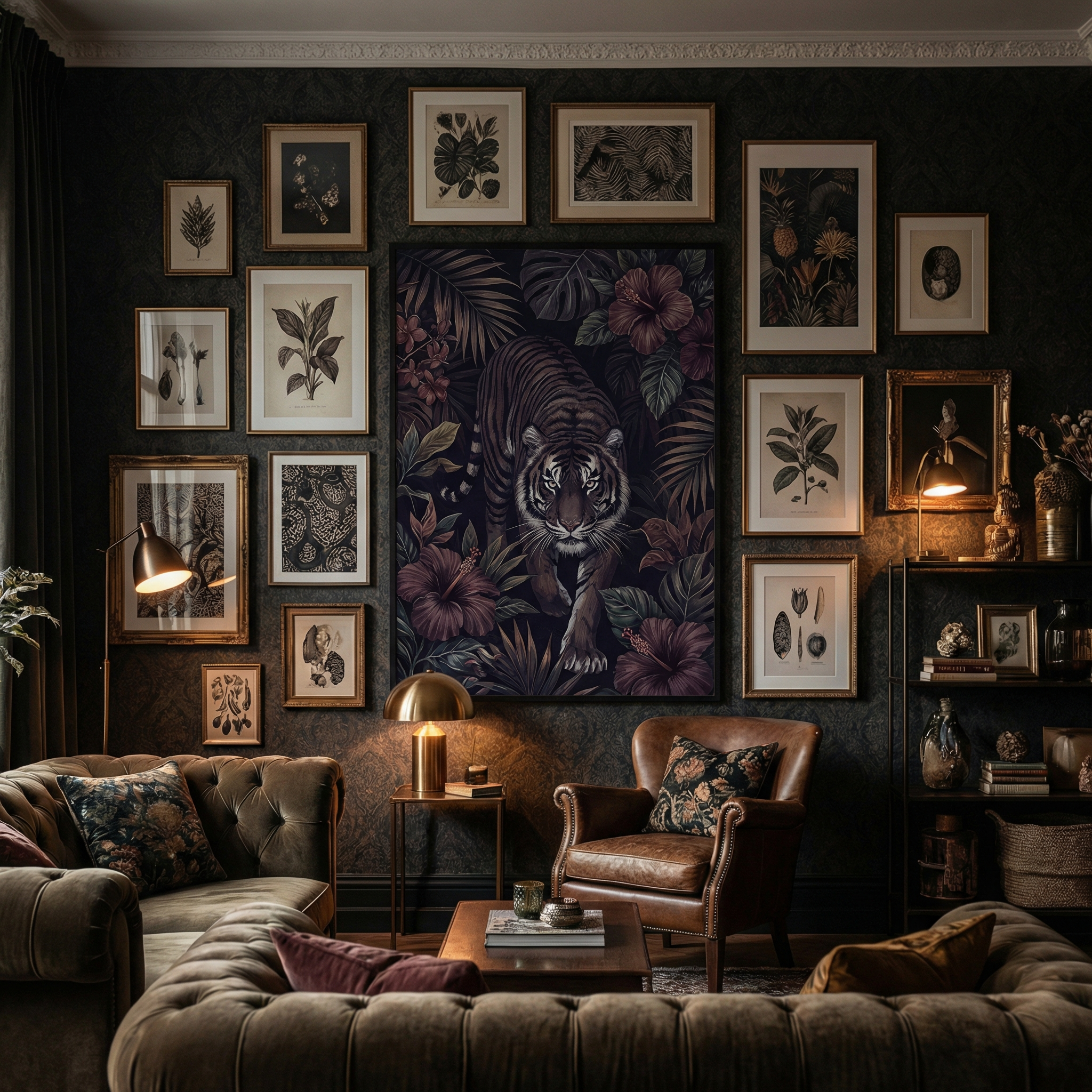 Dark maximalist wall art gallery