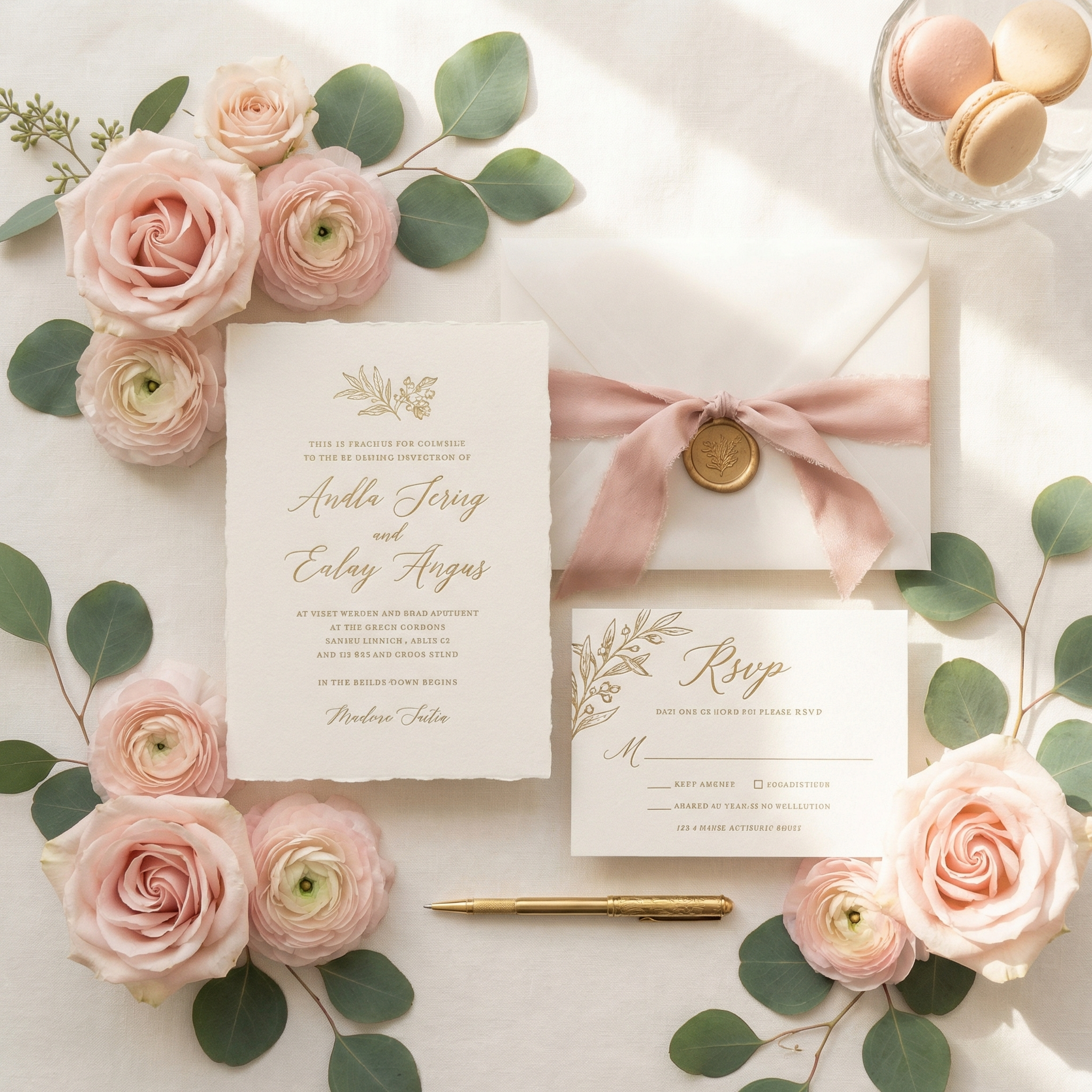 Wedding invitation suite on pink roses
