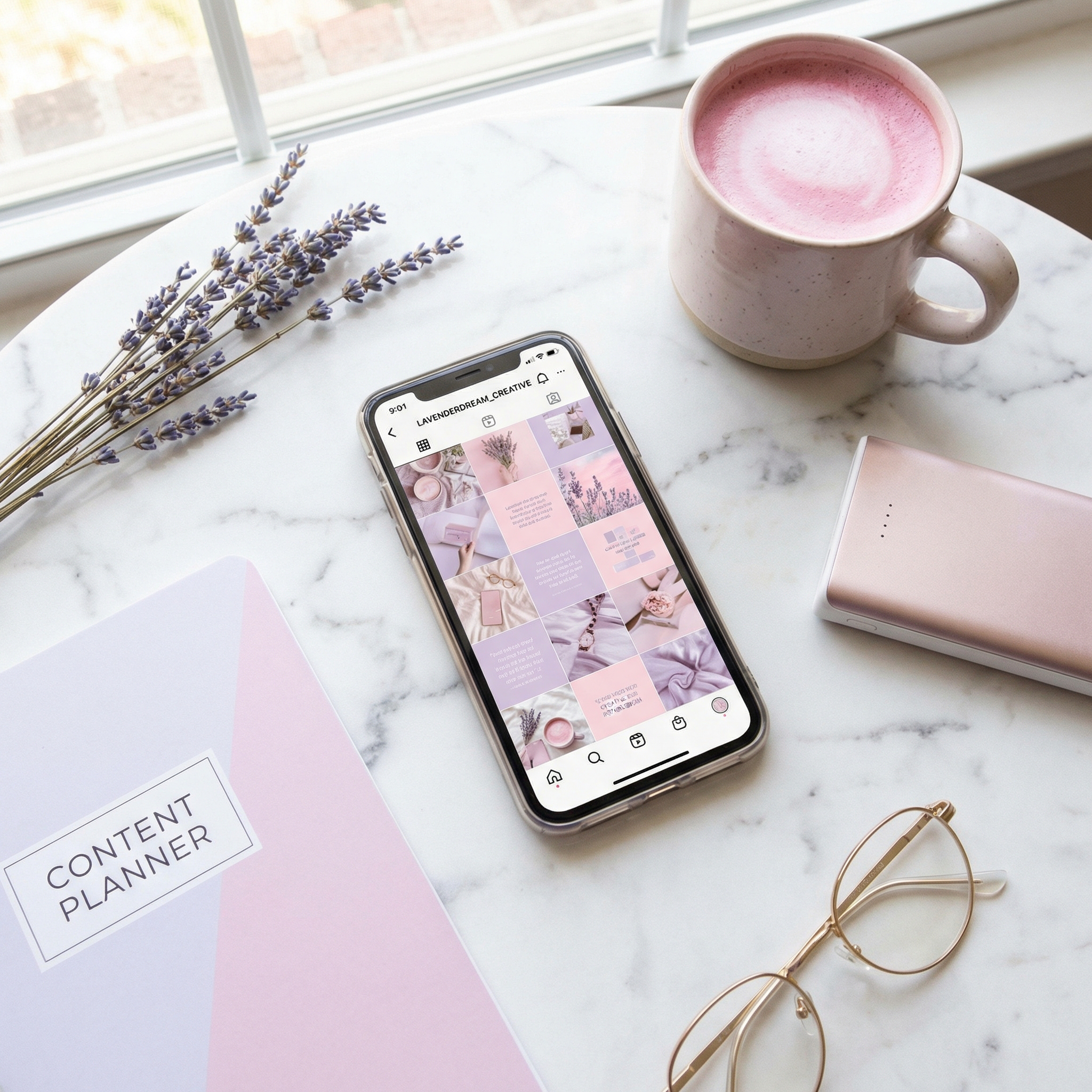 Phone with social media content on a lavender flatlay